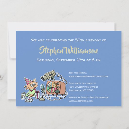 Virtual Birthday Party 50th Funny Cartoon Blue Man Kaart (Achterkant)