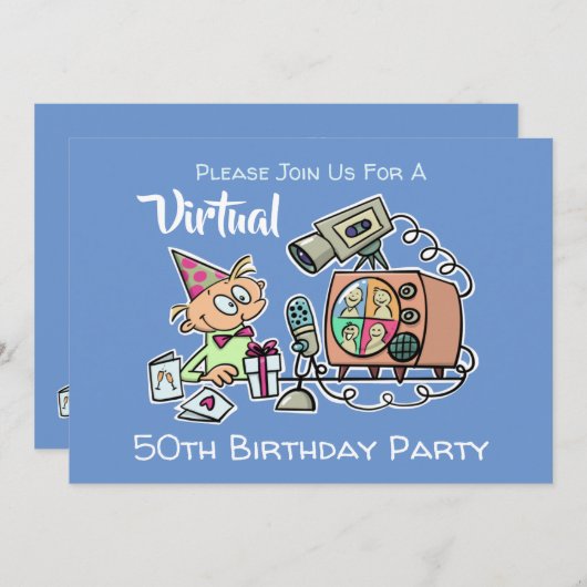 Virtual Birthday Party 50th Funny Cartoon Blue Man Kaart (Voorkant / Achterkant)