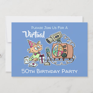 Virtual Birthday Party 50th Funny Cartoon Blue Man Kaart