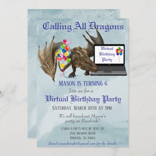 Virtual Birthday Party Dragon Wyvern Kaart (Voorkant / Achterkant)