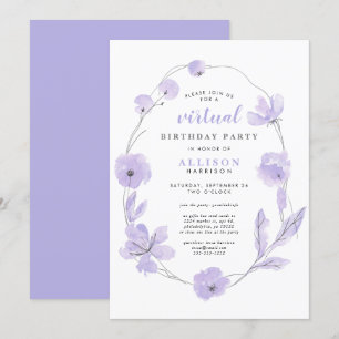 Virtual Birthday Party Floral Waterverf Lavender Kaart