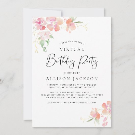 Virtual Birthday Party Modern Pink Gold Floral Kaart (Voorkant)