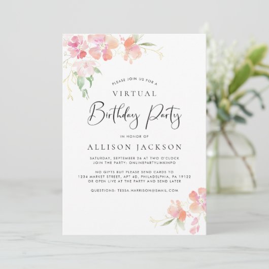Virtual Birthday Party Modern Pink Gold Floral Kaart (Staand voorkant)