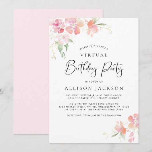 Virtual Birthday Party Modern Pink Gold Floral Kaart (Voorkant / Achterkant)