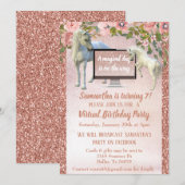Virtual Birthday Party Roos Gold Unicorn Kaart (Voorkant / Achterkant)