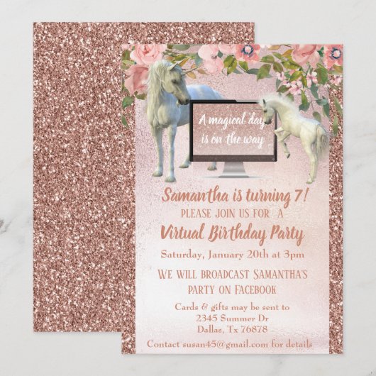 Virtual Birthday Party Roos Gold Unicorn Kaart (Voorkant / Achterkant)