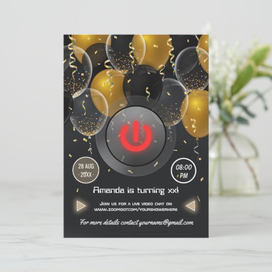 Virtual Birthday Party (Zwarte en gouden ballon) Kaart (Staand voorkant)
