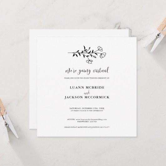 Virtual Black White Floral Wedding Kaart (Voorkant / Achterkant in situ)