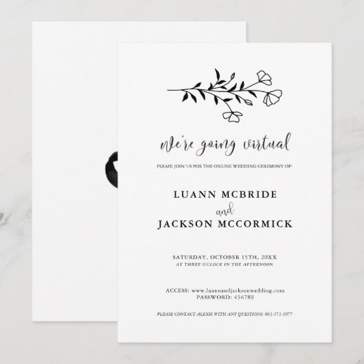 Virtual Black White Floral Wedding Kaart (Voorkant / Achterkant)