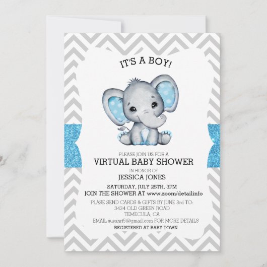 Virtual Blue Elephant Chevron Glitter-Baby shower Kaart (Voorkant)