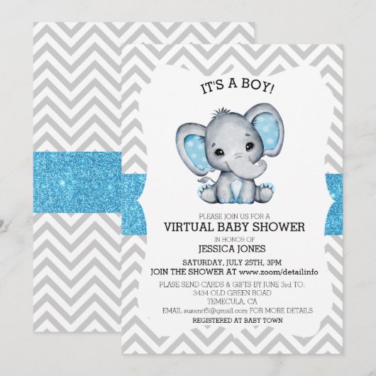 Virtual Blue Elephant Chevron Glitter-Baby shower Kaart (Voorkant / Achterkant)