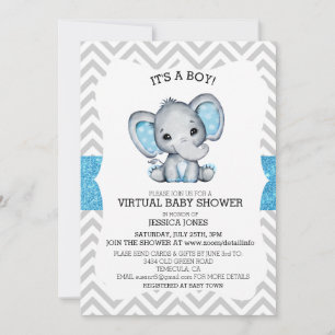 Virtual Blue Elephant Chevron Glitter-Baby shower Kaart