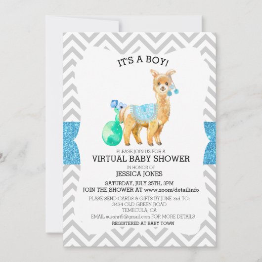 Virtual Blue Llama Chevron Glitter-Baby shower Kaart (Voorkant)