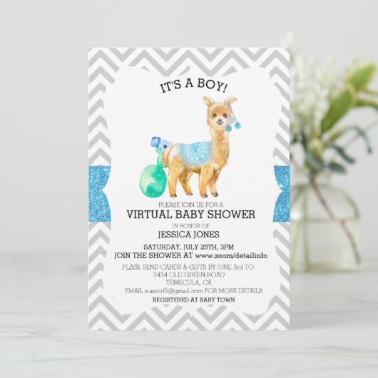 Virtual Blue Llama Chevron Glitter-Baby shower Kaart (Staand voorkant)