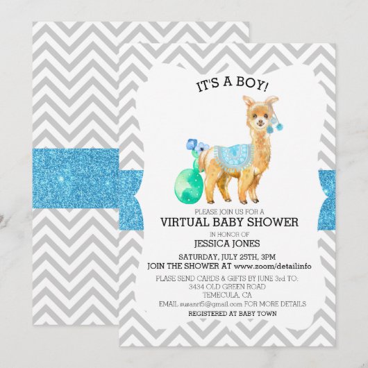 Virtual Blue Llama Chevron Glitter-Baby shower Kaart (Voorkant / Achterkant)
