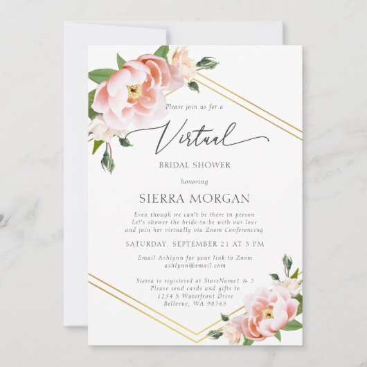 Virtual Blush Floral Gold Dusty Blue Vrijgezellenf Kaart (Voorkant)