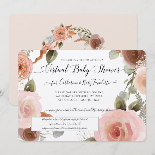 Virtual Blush Pink Floral Wreate Baby Girl Shower Kaart (Voorkant / Achterkant)