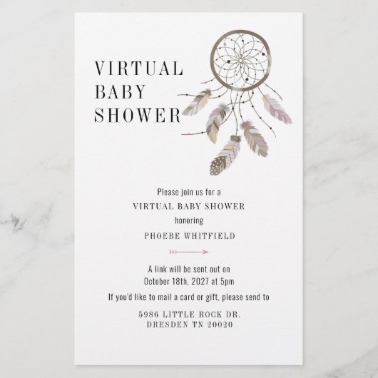 Virtual Boho Dream Catcher Baby shower Uitnodiging Briefpapier (Voorkant)