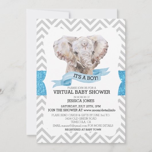Virtual Boy Elephant Chevron Glitter Baby shower Kaart (Voorkant)
