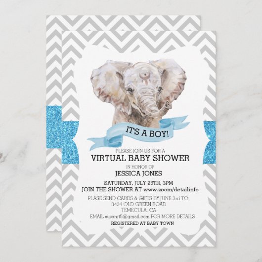 Virtual Boy Elephant Chevron Glitter Baby shower Kaart (Voorkant / Achterkant)