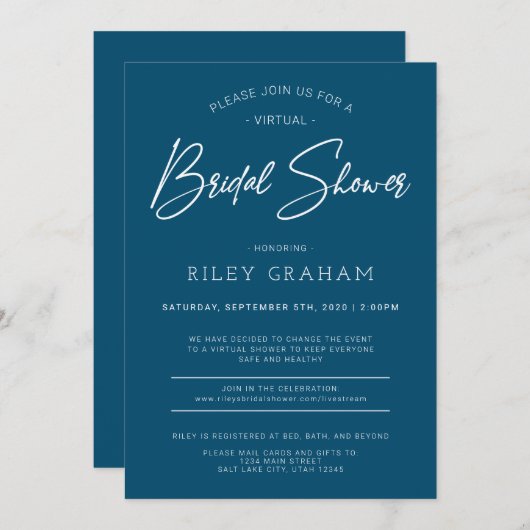Virtual Bridal Shower Invitation Navy Kaart (Voorkant / Achterkant)