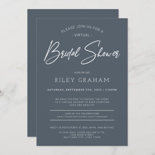 Virtual Bridal Shower Invitation Navy Kaart (Voorkant / Achterkant)
