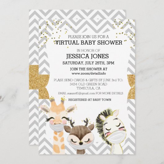 Virtual Chevron Gold Animals Baby shower Kaart (Voorkant / Achterkant)