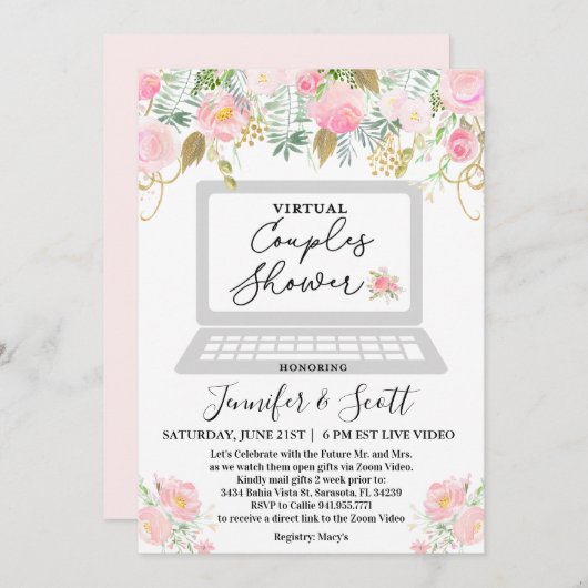 Virtual Couples Shower Floral-uitnodiging Kaart (Voorkant / Achterkant)