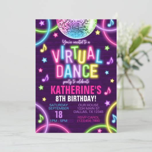 Virtual Dance Party Neon Glow Birthday-uitnodiging Kaart (Staand voorkant)