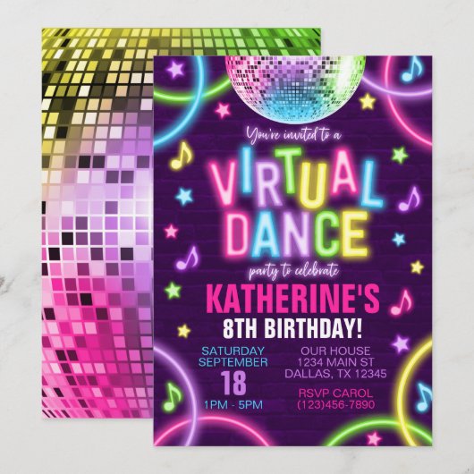Virtual Dance Party Neon Glow Birthday-uitnodiging Kaart (Voorkant / Achterkant)