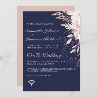 Virtual Dusty Roos Floral Navy Blue Wedding Kaart