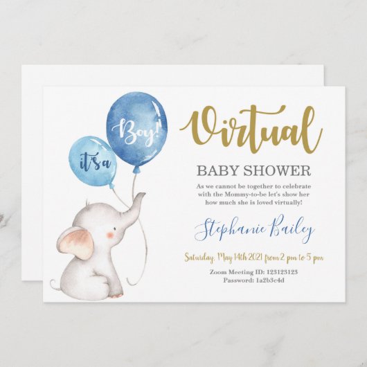 Virtual elephant Baby shower boy Kaart (Voorkant / Achterkant)