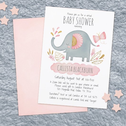 Virtual Elephant Cute Blush Pink Girl Baby shower Kaart