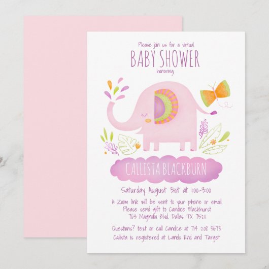 Virtual Elephant Schattige Pink Girl Baby shower Kaart (Voorkant / Achterkant)