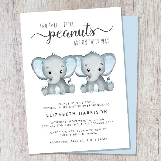 Virtual Elephant Twin Boys-Baby shower Kaart
