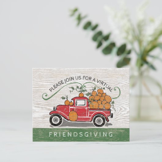 Virtual Friendsgiving Rustic  Truck Pompoen Uitnodiging Briefkaart (Staand voorkant)