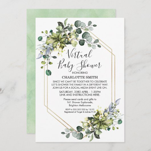 Virtual Geometric Foliage Baby shower Invitation Kaart (Voorkant / Achterkant)