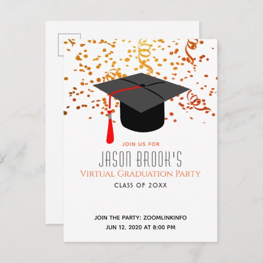 Virtual Graduation Party | Confetti Graduation Cap Uitnodiging Briefkaart (Voorkant / Achterkant)