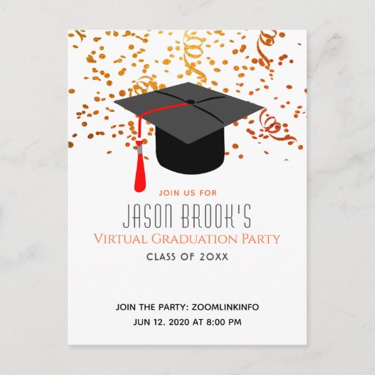 Virtual Graduation Party | Confetti Graduation Cap Uitnodiging Briefkaart (Voorkant)