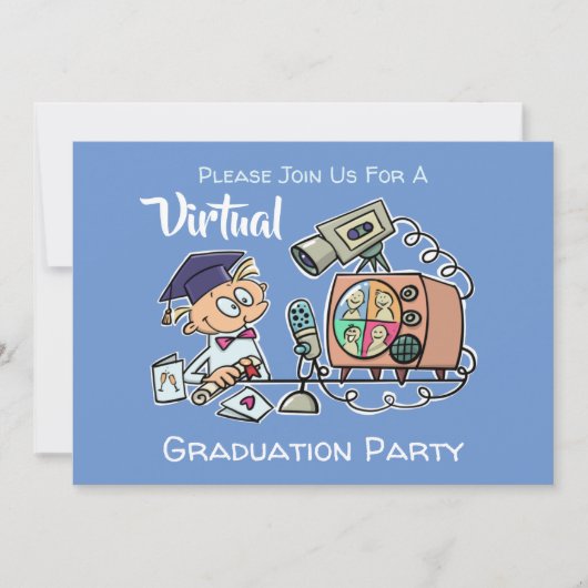 Virtual Graduation Party Funny Cartoon Blue Kaart (Voorkant)