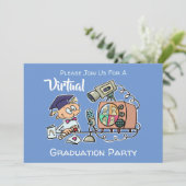Virtual Graduation Party Funny Cartoon Blue Kaart (Staand voorkant)