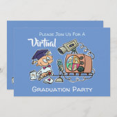 Virtual Graduation Party Funny Cartoon Blue Kaart (Voorkant / Achterkant)