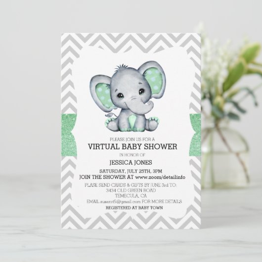 Virtual Green Elephant Chevron Glitter Baby shower Kaart (Staand voorkant)