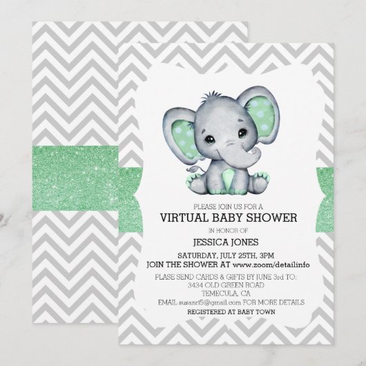 Virtual Green Elephant Chevron Glitter Baby shower Kaart (Voorkant / Achterkant)