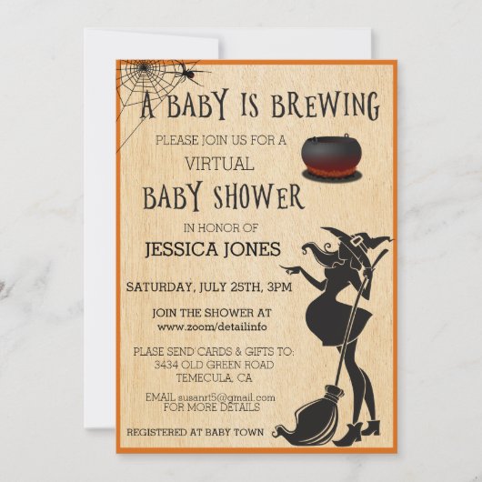 Virtual Halloween Baby is Brewing Shower Witch Kaart (Voorkant)