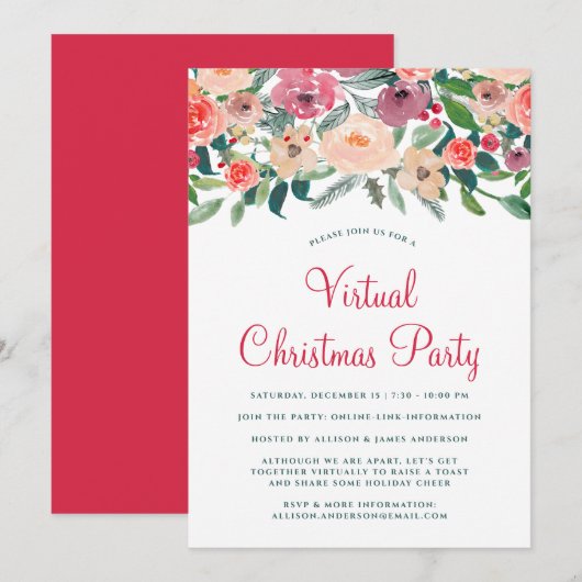 Virtual Kerstparty Winter Florals Greenery Kaart (Voorkant / Achterkant)