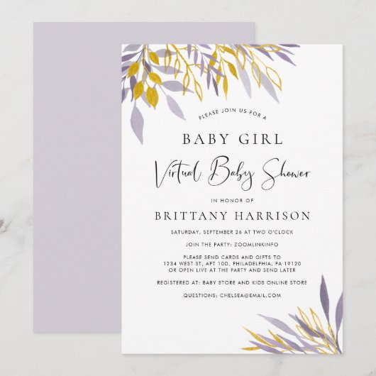 Virtual Lavender Gold Floral Baby Girl Shower Kaart (Voorkant / Achterkant)