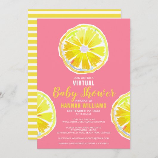 Virtual Lemon Waterverf Segmenten Roze Baby shower Kaart (Voorkant / Achterkant)