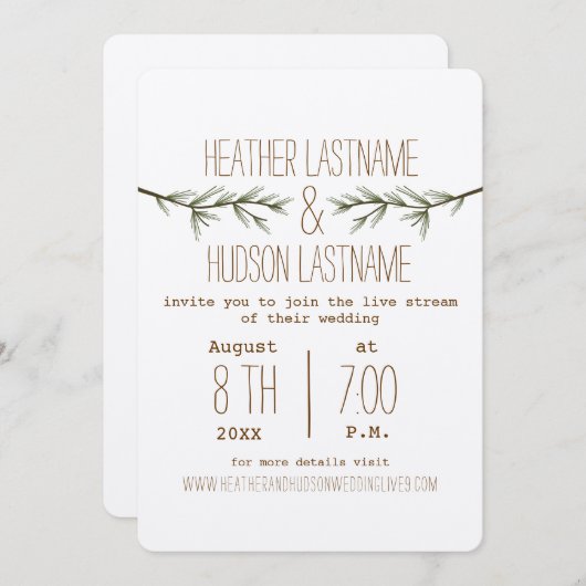 Virtual Live Stream Wedding Rustiek Evergreen Tree Kaart (Voorkant / Achterkant)