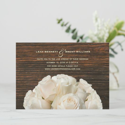 Virtual Live Stream Wedding Rustieke Witte Rozen Kaart (Staand voorkant)